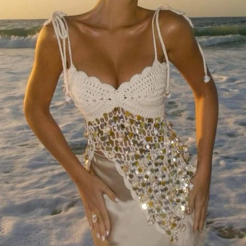 LIZAKOSHT  -  Women Y2K Sequin Sparkle Knit Cami Vest Shell Glitter Halter Tank Top Boho Beach Crochet Backless Tie Up Crop Top