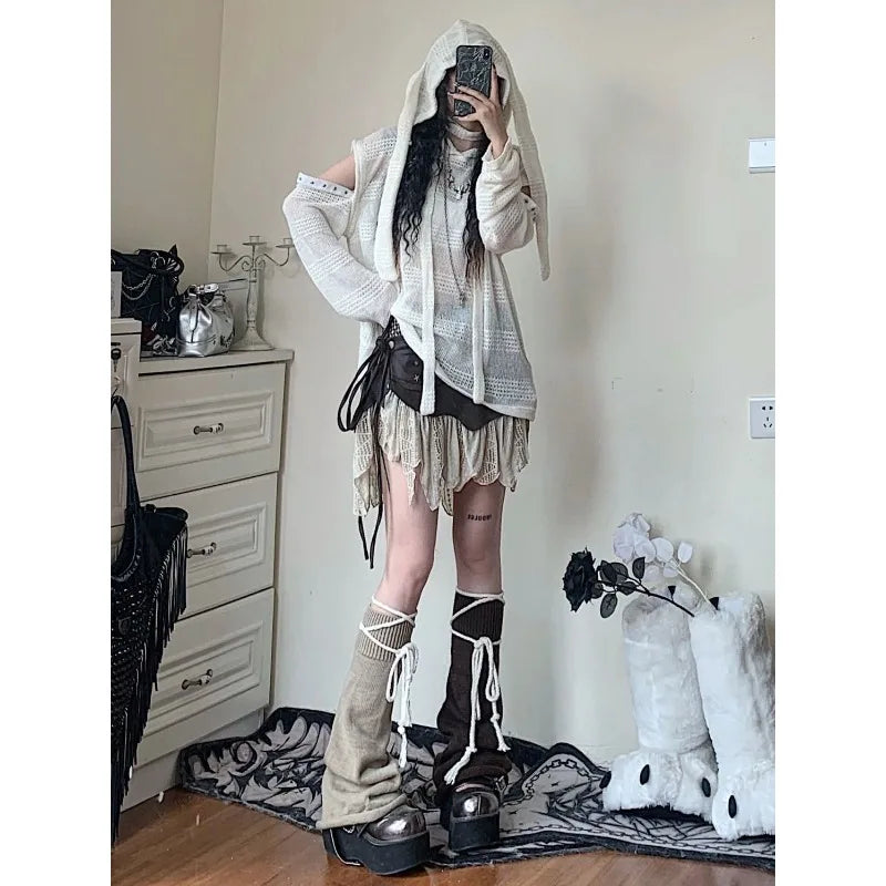 LIZAKOSHT  -  Y2k Harajuku Women's Kint Sweater Rabbit Ear Knitwear Hollow Out Grunge Pullovers Spring Oversize Gothic Jumper Korean