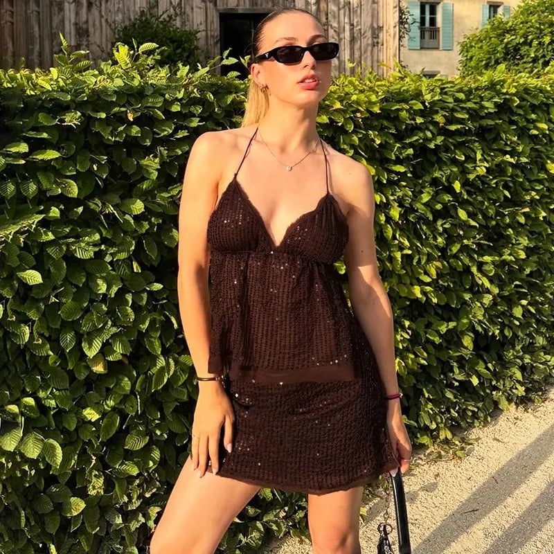 LIZAKOSHT  -  Retro Glitter Dress Sets Sexy V-neck Shiny Backless Lace-up Vest Glitter Skirt Set Fashion Party Club Women Dress Sets