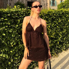 LIZAKOSHT  -  Retro Glitter Dress Sets Sexy V-neck Shiny Backless Lace-up Vest Glitter Skirt Set Fashion Party Club Women Dress Sets