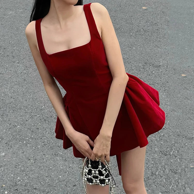 LIZAKOSHT  -  A-line Pleated Dress Party Holiday Red Backless Removable Bow Princess Dresses Coquette Aesthetic Mini Sundress Y2K