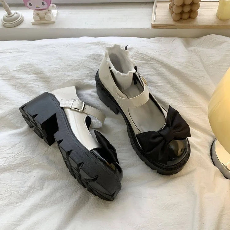 LIZAKOSHT  -  Lolita Thi Heel Little Girl Student oes  Knot PU Lined Faion Single oes round Toe Rubber Outsole Pure Color