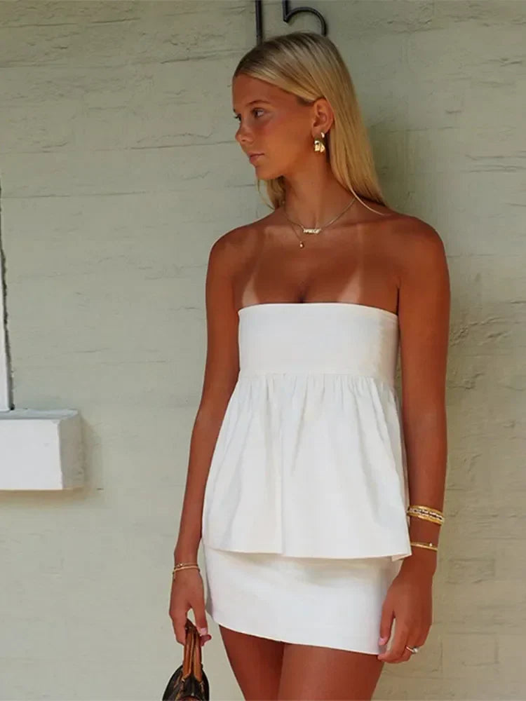 Women Sexy Strapless Ruffles Short Top Stylish Off Shoulder Backless Sleeveless Slim Tube Tops Elegant Ladies Streetwear Y2K