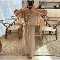LIZAKOSHT  -  Fashion O-neck Lace-up Shirt Skirt Sets Lady Causal Long Lantern Sleeves Maxi Skirt Suits 2024 Loose High Street 2 Piece Outfit