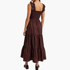 LIZAKOSHT  -  Cottage Vintage Plaid Maxi Dress Women Ruffles Sleeveless Sqaure Collar Flowy Long Dress Gingham Shirred Elastic A-line Dresses