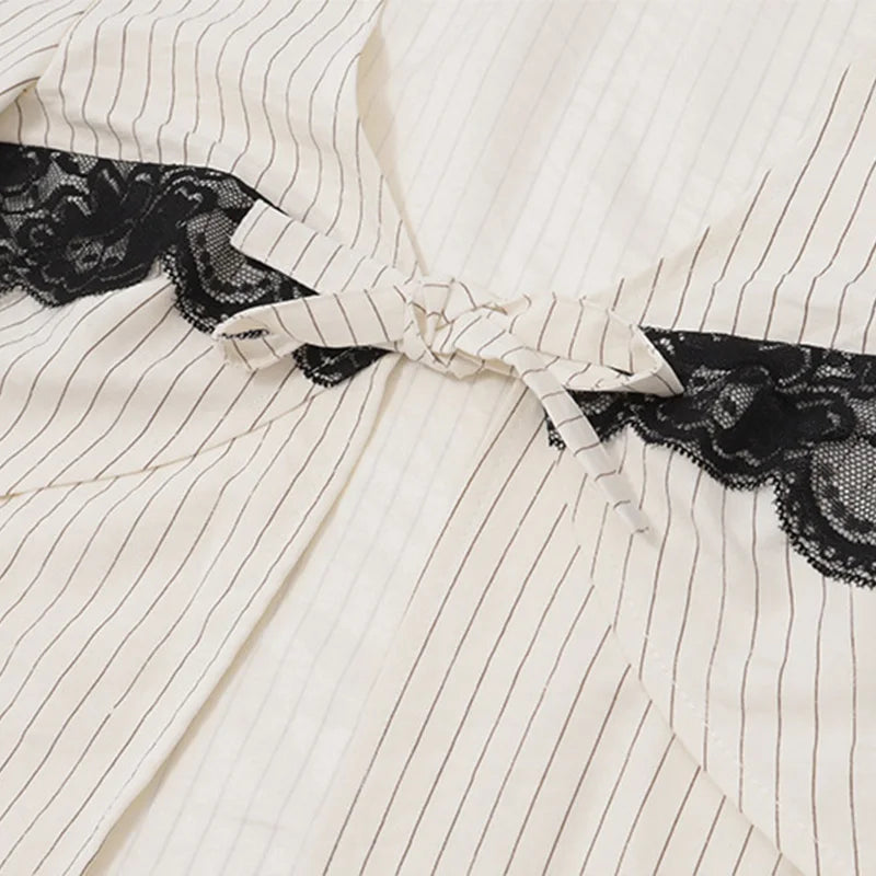 LIZAKOSHT  -  Lace Patchwork Contrast Sexy 2-Piece Club Outfits Female Stripe Print Full Sleeve Lacing Crop Cardigan+Mini Wrap Slit Skirt