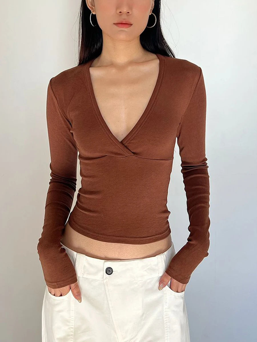 LIZAKOSHT  -  Cross V-neck Long Sleeve T-shirts Woman Autumn Cotton Slim Crop Top Female Casual Simple Solid All-match Basic Tshirts Y2k Tops