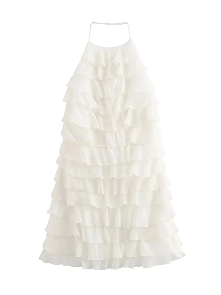 LIZAKOSHT  -  Layered Decorative Womens Halter Mini Dresses Chic Ruffled Sleeveless Backless Female Cake Skirt Summer Beach Party Short Dress