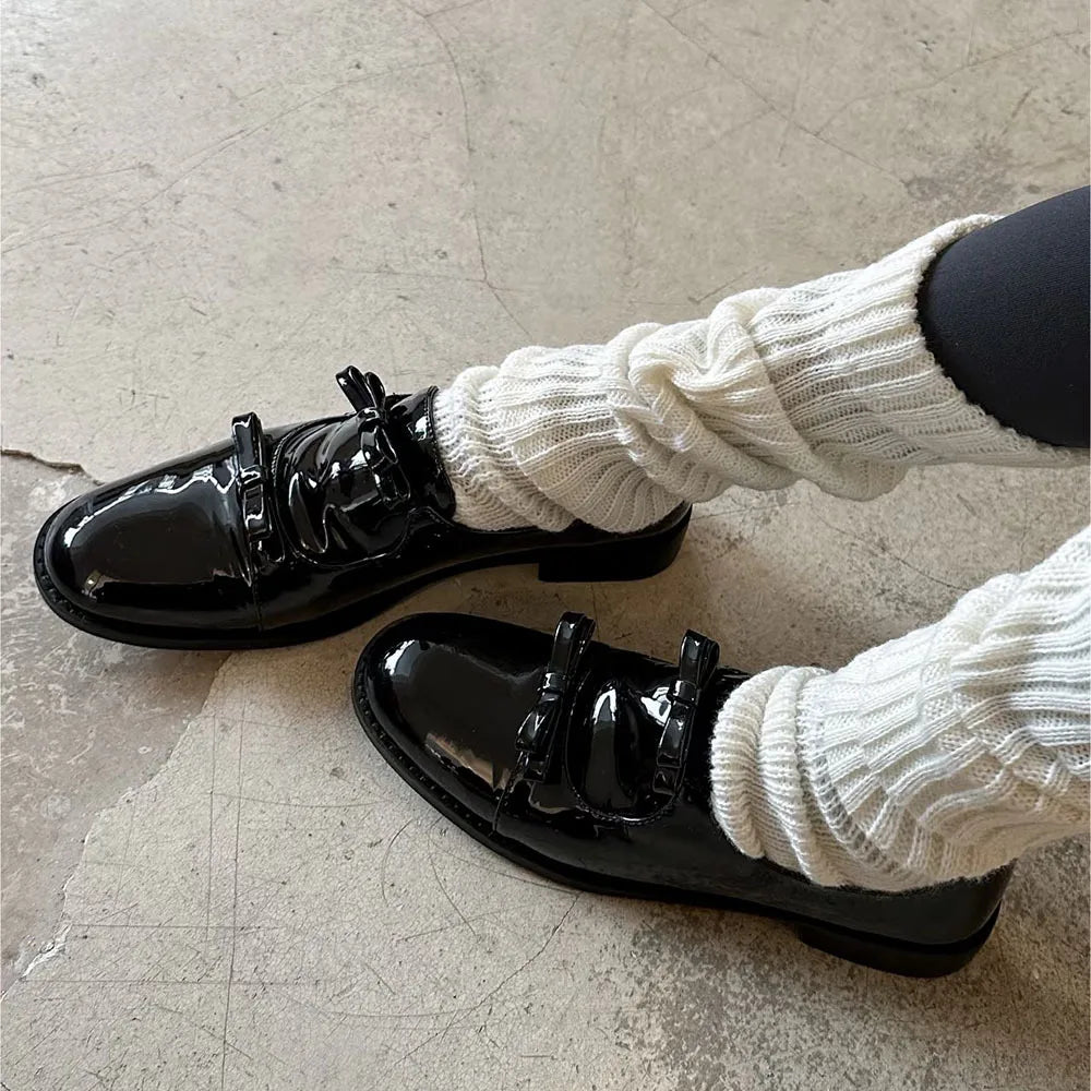 LIZAKOSHT  -  Preppy Double Bowtie Oxfords Woman Low Heels Flats Shiny Small Leather Shoes Ladies College Girls Sneakers Femmes Derby Loafers