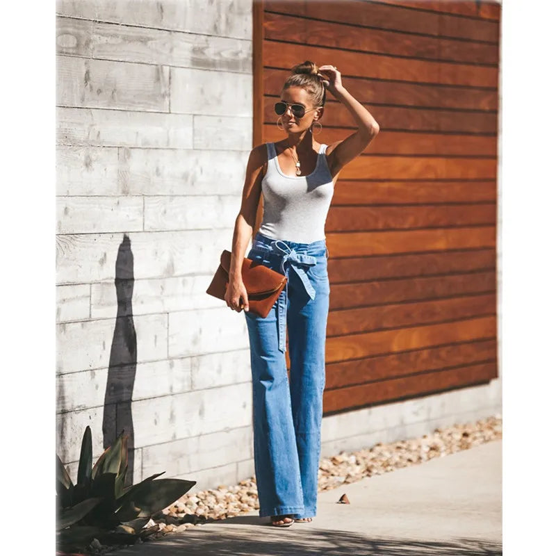 LIZAKOSHT  -  Blue Tie Waist Flare Jeans Women Slim Denim Trousers Vintage Clothes spring High  Pants Belted Stretchy Wide Leg