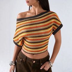 LIZAKOSHT  -  Colorful Bohemian Y2K Spicy Retro Hollow Knitted T-Shirt Asymmetrical Shoulder Line Batswing Sleeve Waist Cinched Top