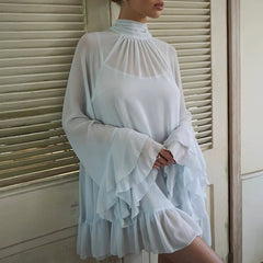 LIZAKOSHT  -  Temperament Stand Collar Pleated Beach Holiday Dress Casual Cape Style Ruffle Edge Short Dress Elegant Solid Flared Sleeve Dress