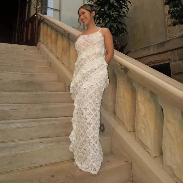 LIZAKOSHT  -  Design Sense Women's Popular Suspender Ruffle Dress, Backless Lace Sexy Hip Long Skirt