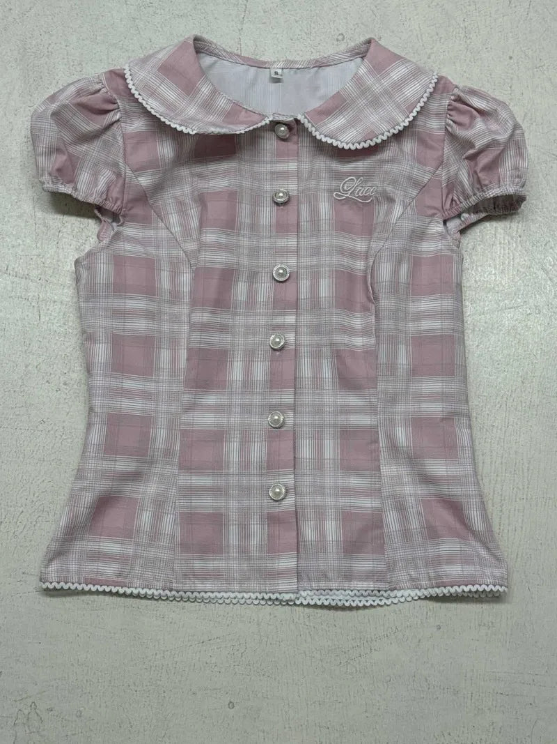 LIZAKOSHT  -  Kawaii Sweet All Match Peter Pan Collar Slim Waist Blouse Y2k Aesthetic Constrast Color Plaid Single Breasted Shirts Casual Tops