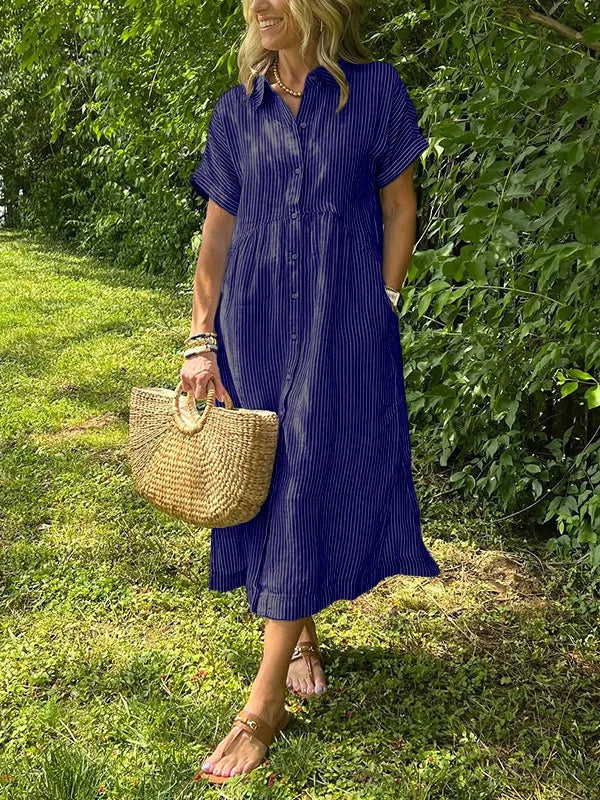 LIZAKOSHT  -  Summer New Women's Striped Dress Shirt Lapel Loose Button Cardigan Pocket Fashion Vacation Casual Street Midi Skirt for Female