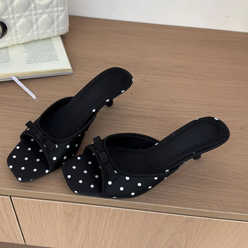 LIZAKOSHT  -  Summer Fashion Satin Polka Dot Square Toe Women Slippers Elegant Thin Low Heels Sandals Casual Beach Party Shoes