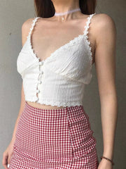 LIZAKOSHT  -  Sexy White Spliced Lace Flower V Neck Camisole Women Summer Corset Single-breasted Buttons Short Tank Tops Retro Slim Crop Top