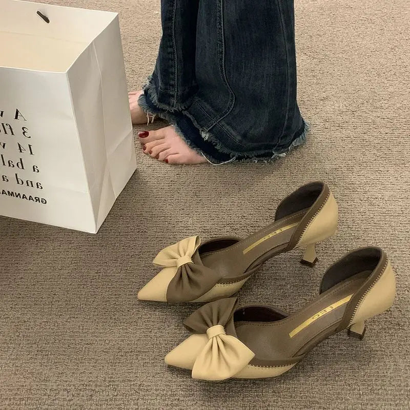 LIZAKOSHT  -  Ladies Shoes Pointed Toe Footwear Leather Summer Stiletto Sandals for Women Closed Beige Vintage Thin Heels Vip H Shoe F Or