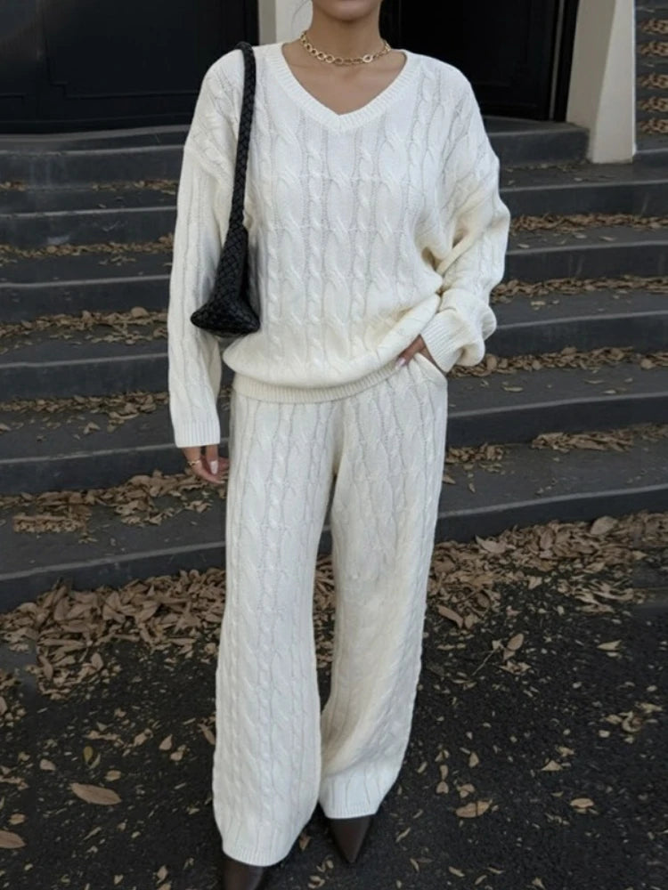 LIZAKOSHT  -  Casual Ribbed 2 Piece-Set Trousers Sets Women Solid Loose V-Neck Top And High Waist Wide-Leg Pants Sets New Female Outfits