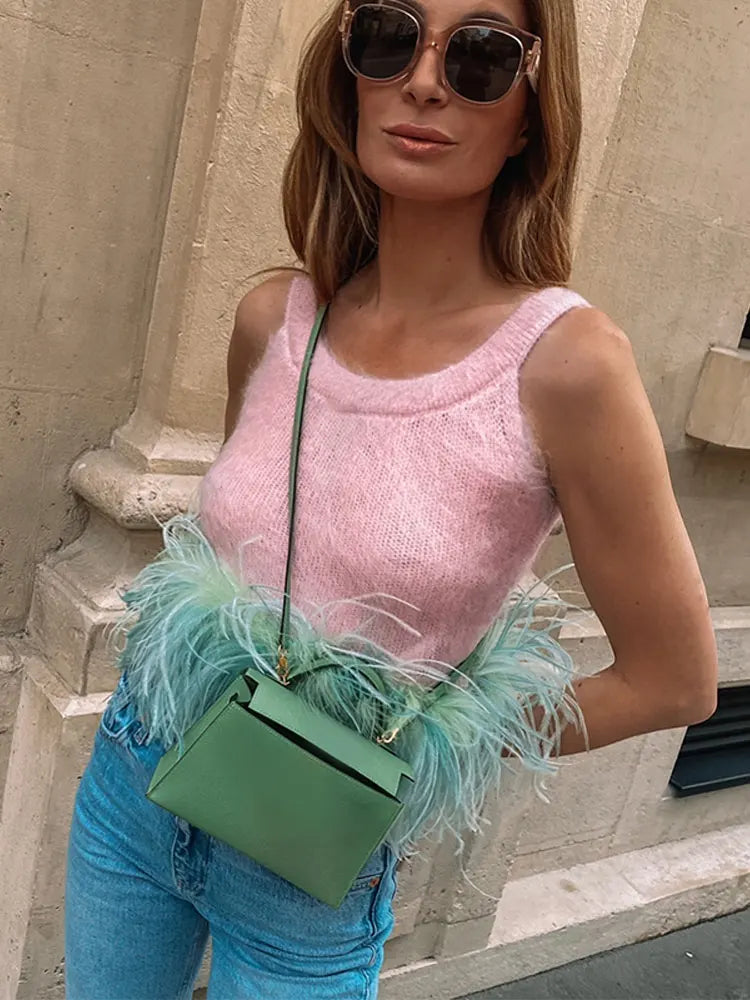 LIZAKOSHT  -  Women O Neck Feather Hem Knitted Vest Fashion Chic Sleeveless Sling Tank Tops 2024 Summer Female Casual High Street Pullover