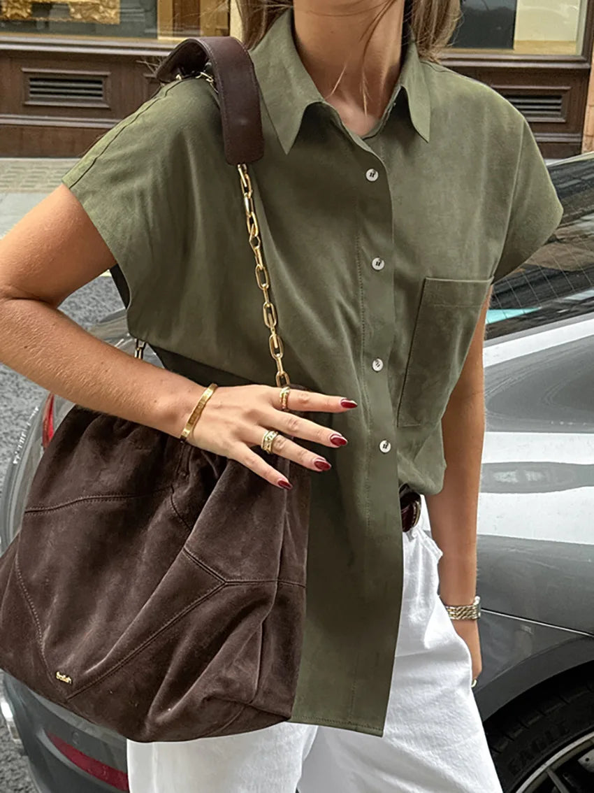 LIZAKOSHT  -  Summer 2025 Vintage Retro Green Blouse Shirt Women Turn-down Collar Single-breasted Pocket Sleeveless Casual Top For Women 55905
