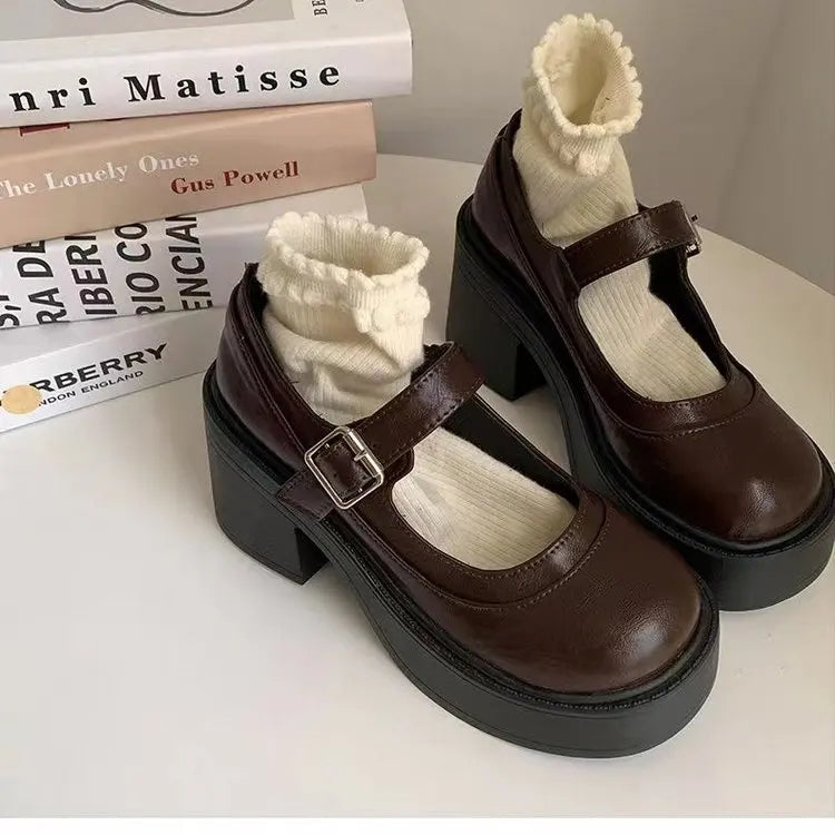 LIZAKOSHT  -  Bla Mary Jane Single oes for Women Thi Heel round Head Retro Japanese Sle Versatile Leather oes Roman Sle mid Heel