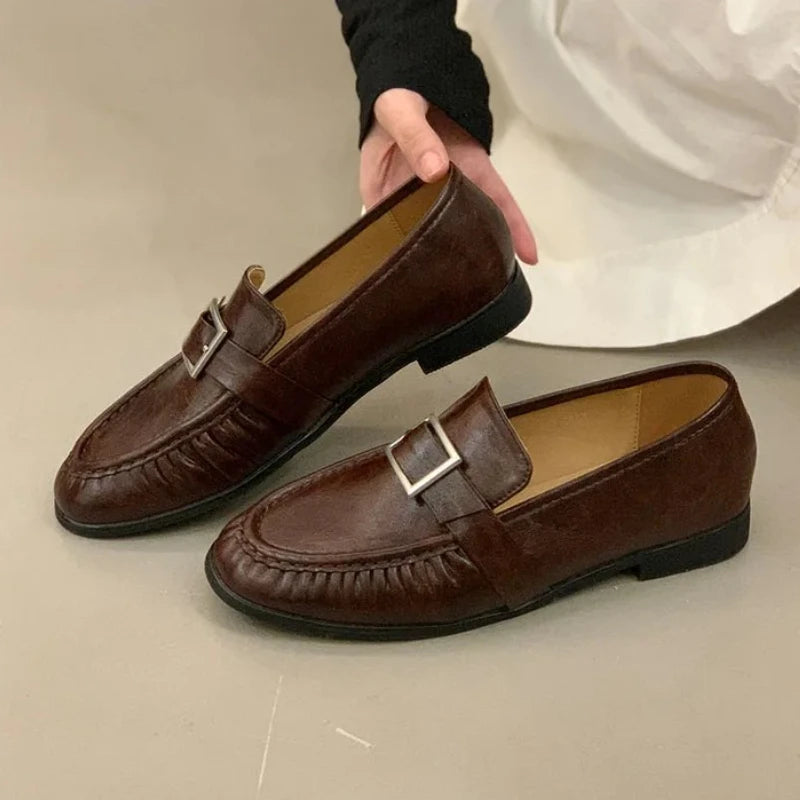 LIZAKOSHT  -  Retro Soft Leather Designer Flat Shoes Women Belt Buckle Pleated Design Comfort Loafers British Style Brand Office Shoes Ladies