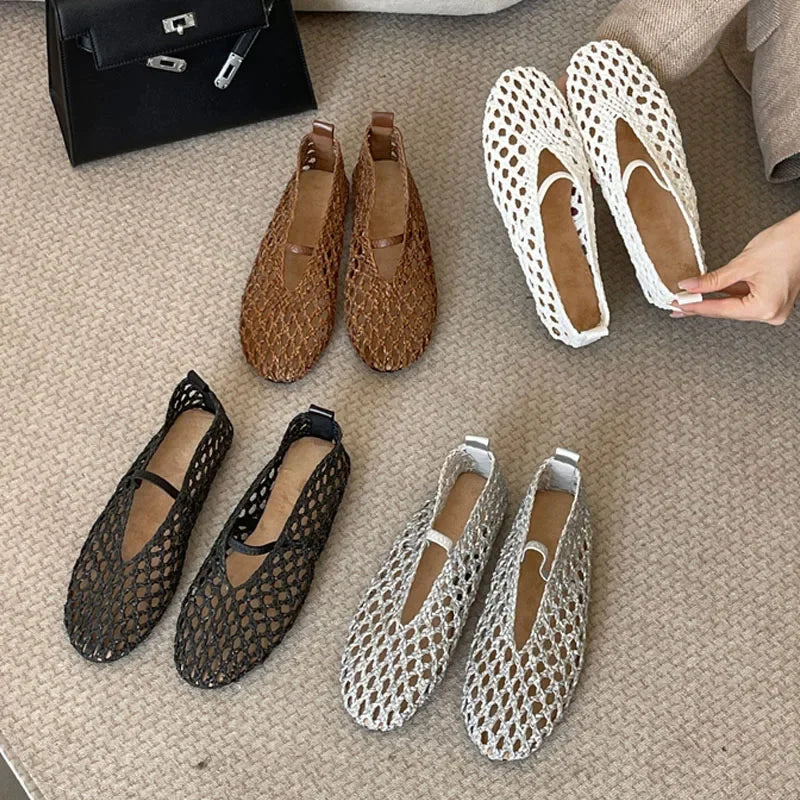LIZAKOSHT  -  Summer Fashion Round Toe Weave Mesh Hollow Flat Women Loafers Slip On Female Casual Beach Shoes Sandals Zapatos De Mujer