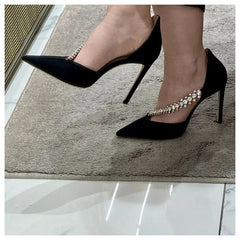 LIZAKOSHT  -  New Fashion Brand Crystal Embellished High Heels Shoes Women Pointed Toe Dress Rhinestone Wedding Party Pumps Black Suede Sandal