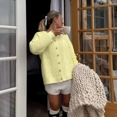 LIZAKOSHT  -  Elegant Cardigan Sweater Women 2025 New Autumn Yellow Twist Knitted Top Single Breasted Long Sleeve Jumper Casual Knitwear Coat