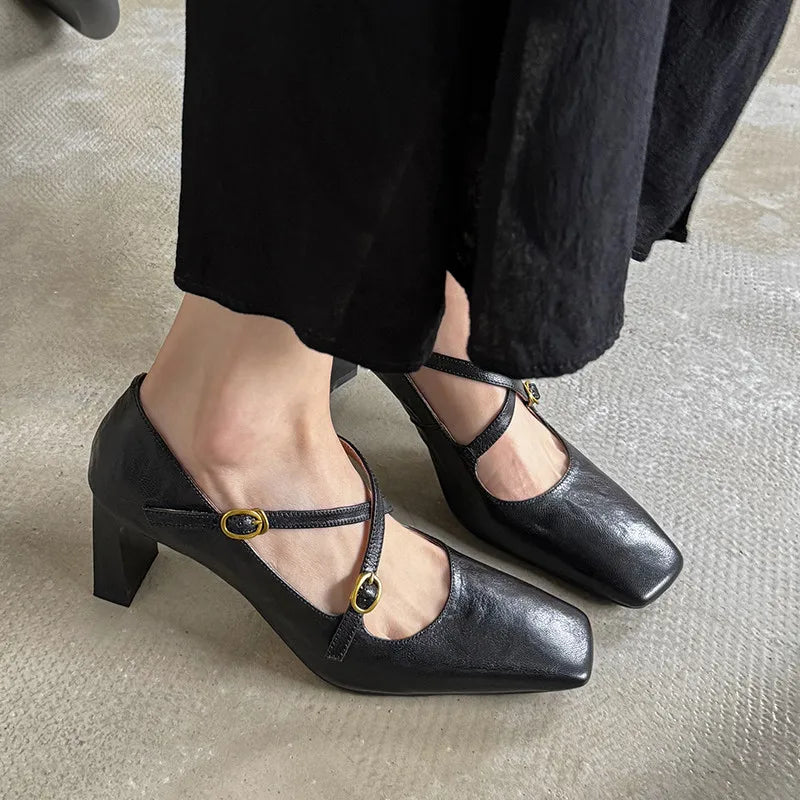 LIZAKOSHT  -  Fashion Pumps New High Quality Genuine Leather Square Head Cross Buckle High Heels Mary Janes Commuter Women's Shoes