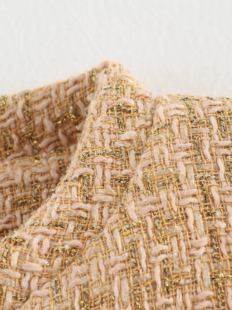 LIZAKOSHT  -  Vintage Women Elegant Tweed Golden Jacket Fashion Ladies Slim Single Breasted Jackets for Party Female Chic Outfits Cute