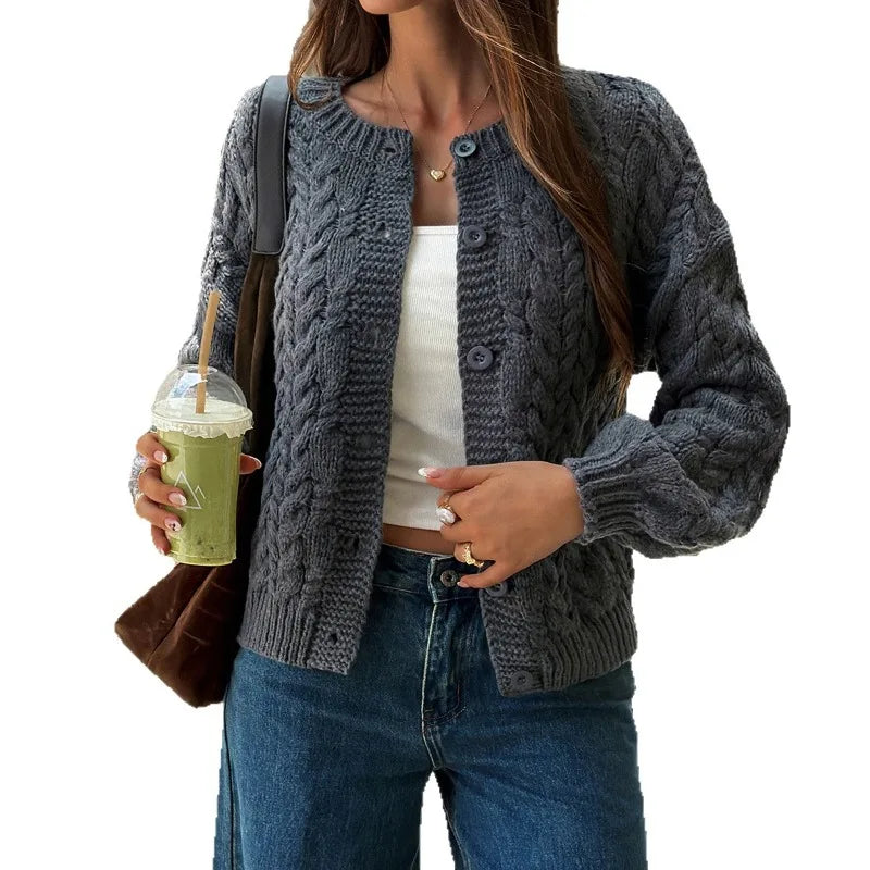LIZAKOSHT  -   Women Round Neck Cable Knit Cardigan Long Sleeve Button Front Cropped Sweater Coat Casual Autumn Outerwear
