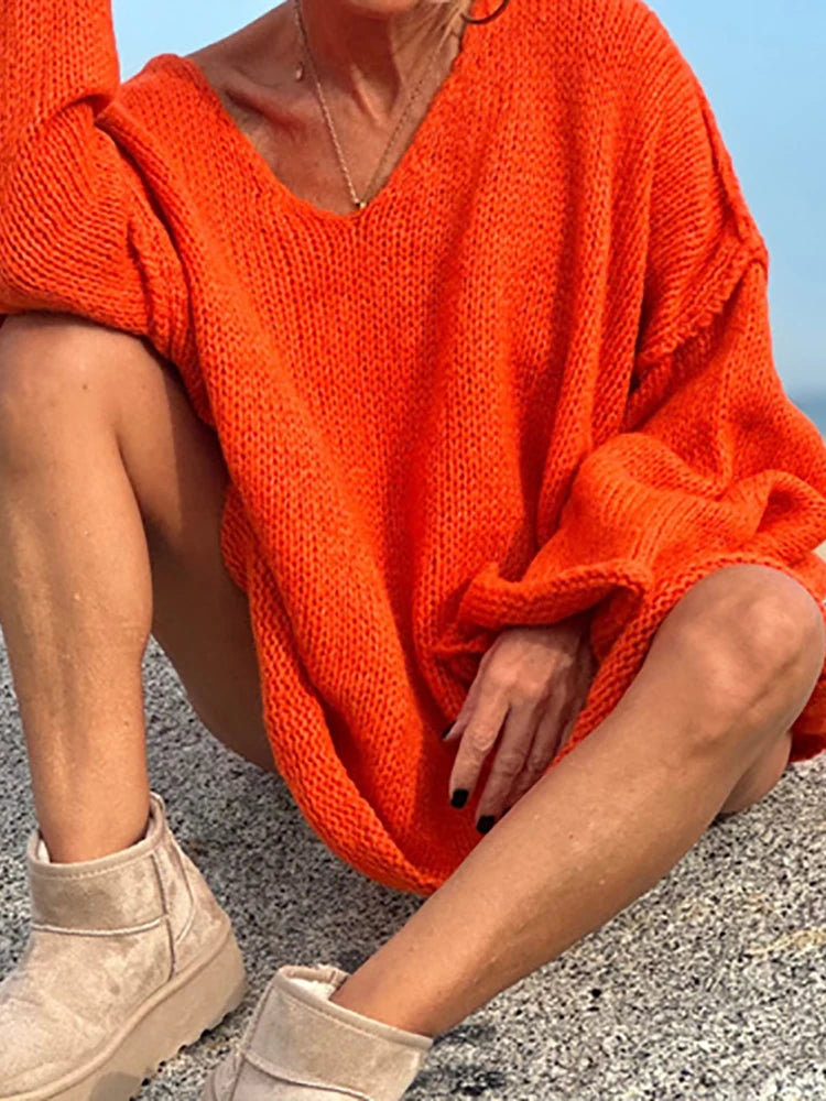 LIZAKOSHT  -  Autumn Winter Fashion Knitting Sweaters, Women Solid Patchwork V Neck Simple Pullovers, New Loose Long Raglan Sleeve Ladies Tops