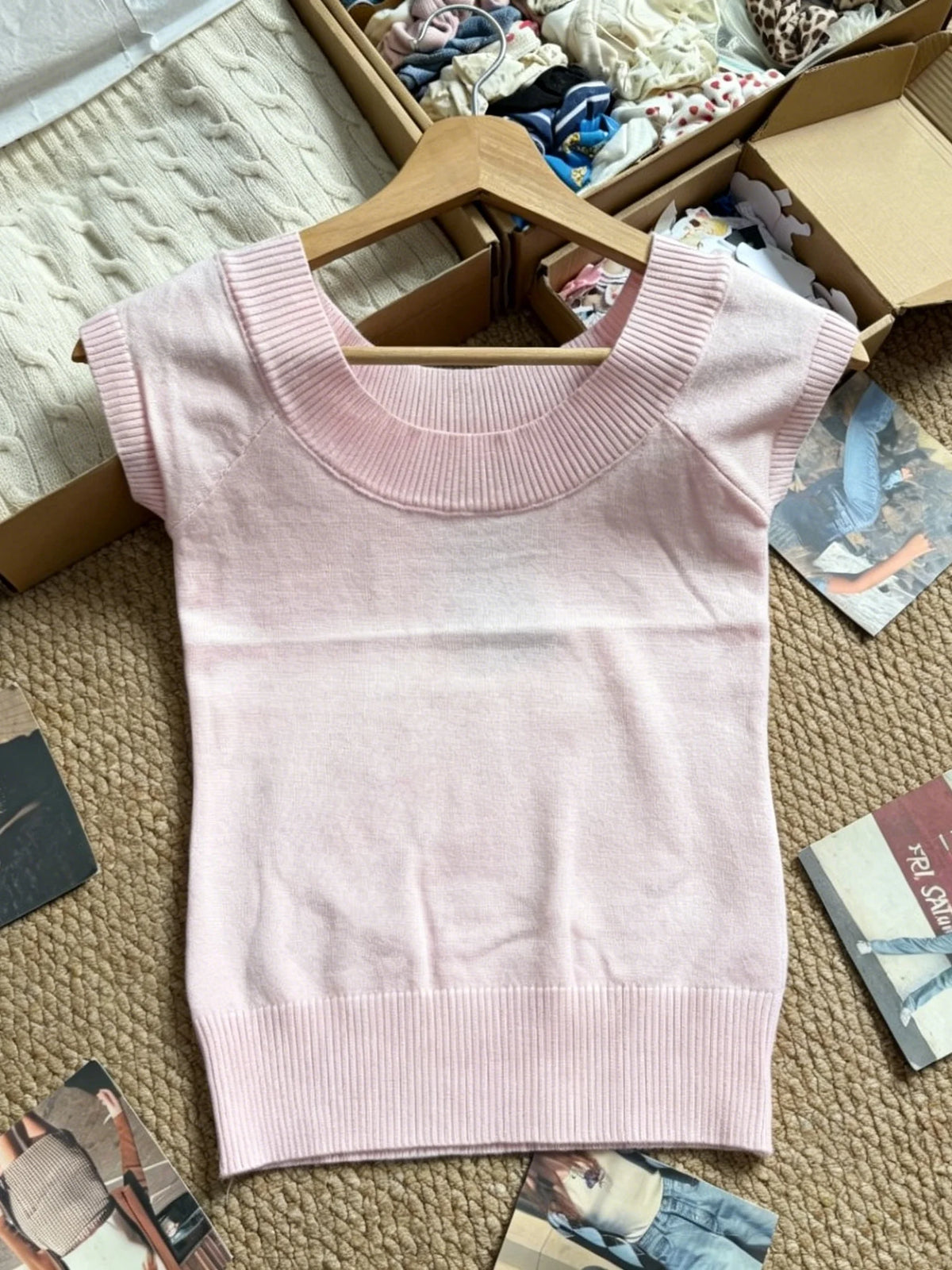 LIZAKOSHT  -   Pink Knitted T-shirts Woman Summer Scoop Neck Short Sleeve Slim T-shirts Female Casual Simple Solid Elegant Cotton Crop Tops
