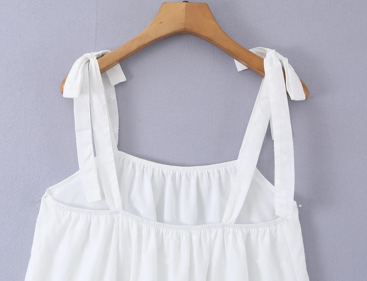 LIZAKOSHT  -  Bohemian White Embroidery Flower Tide Bow Spaghetti Strap Dress Woman Wood ears Ruffles Hem Swing Loose Swing Mini Dresses Robe