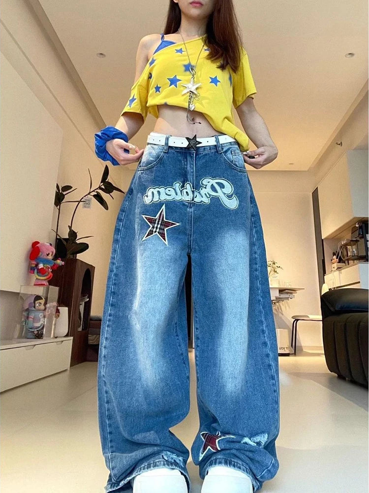 LIZAKOSHT  -  Streetwear Wide Leg Jeans Women Letter Star Print Vintage Harajuku Scimitar Trouser Loose Casual High Waist Patchwork Pants New