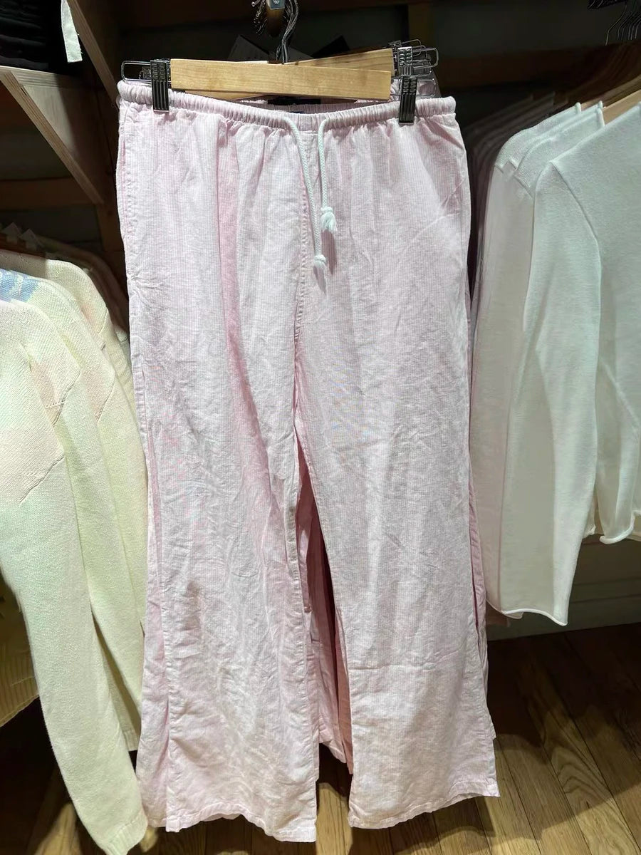 LIZAKOSHT  -  Pink Striped Drawstring Casual Pants Summer Elastic High Waist Cotton Thin Loose Trousers Women Casual Simple Sweet Home Pants