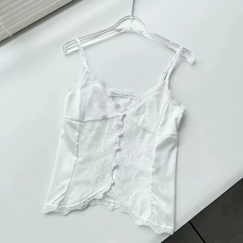 LIZAKOSHT  -  Lace Border V-neck Button Patch Thin Shoulder Strap Women's Summer White Elegant Sexy Short Versatile Single Breasted Button Top