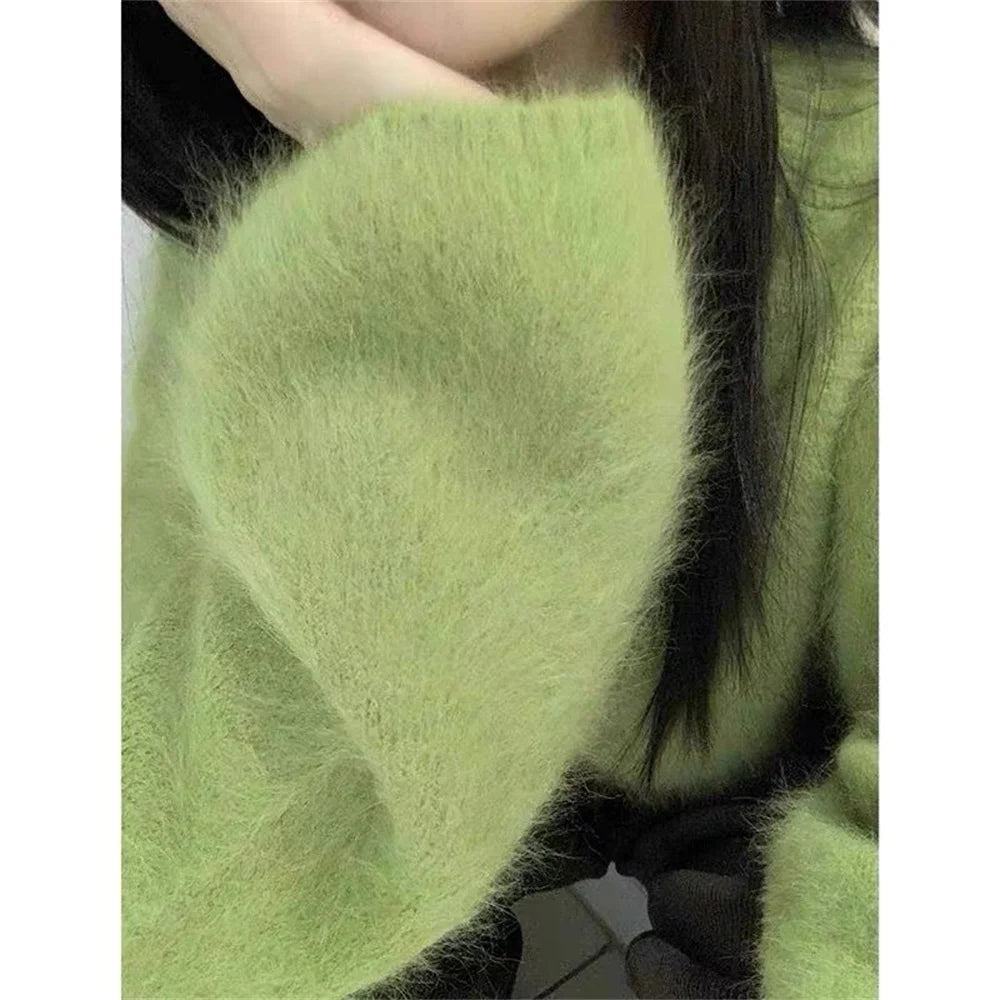 LIZAKOSHT  -   New Elegant Lady Autumn Winter Yellow Soft Mohair Knitted Loose Pullover Fashion Women O Neck Thick Long Sleeve Warm Sweater Top