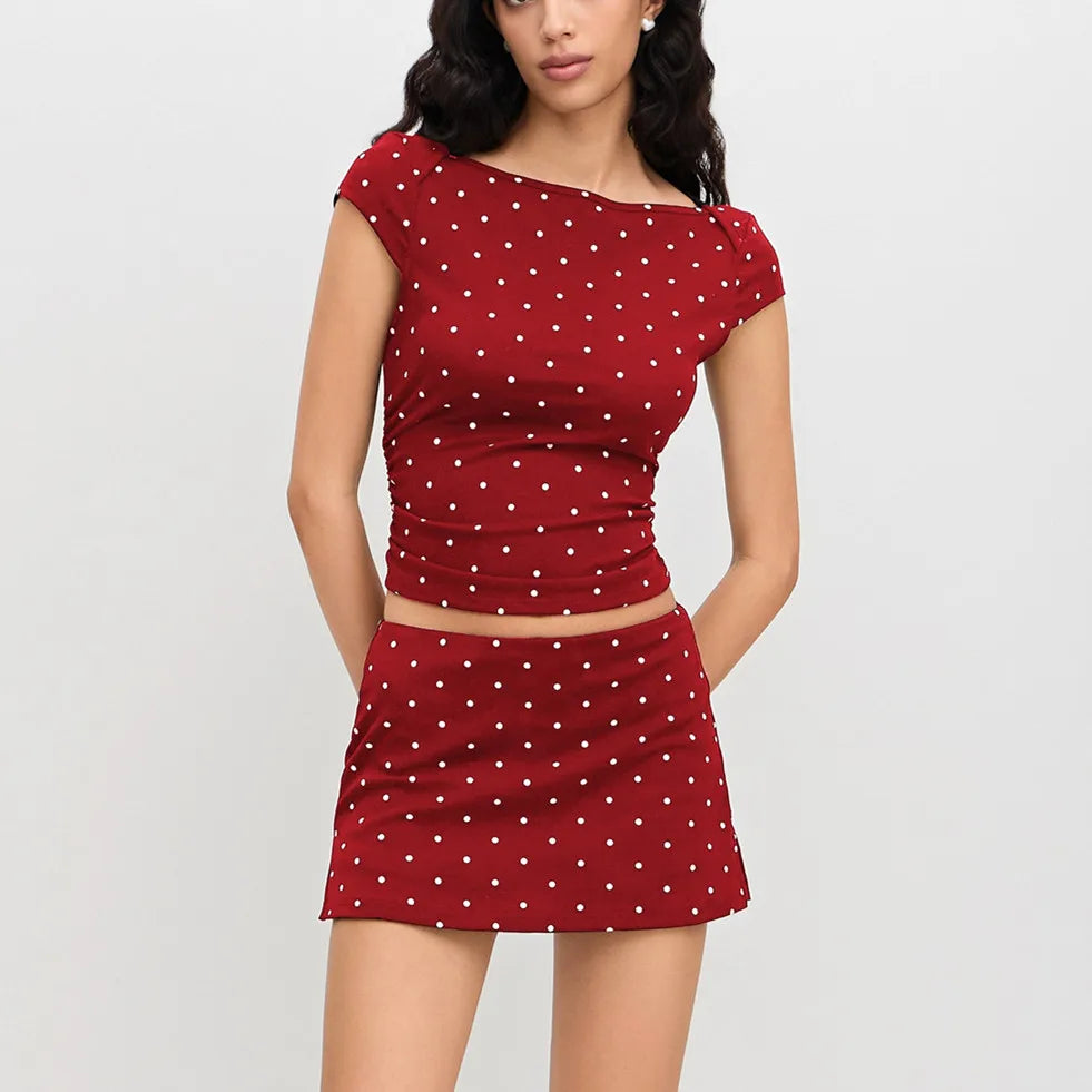 LIZAKOSHT  -  Y2k Polka Dot Skirts Set Vintage Short Sleeve Boat Neck Crop Top and Mini Skirt Sexy Women Slim Fit Vacation 2 Piece Outfits