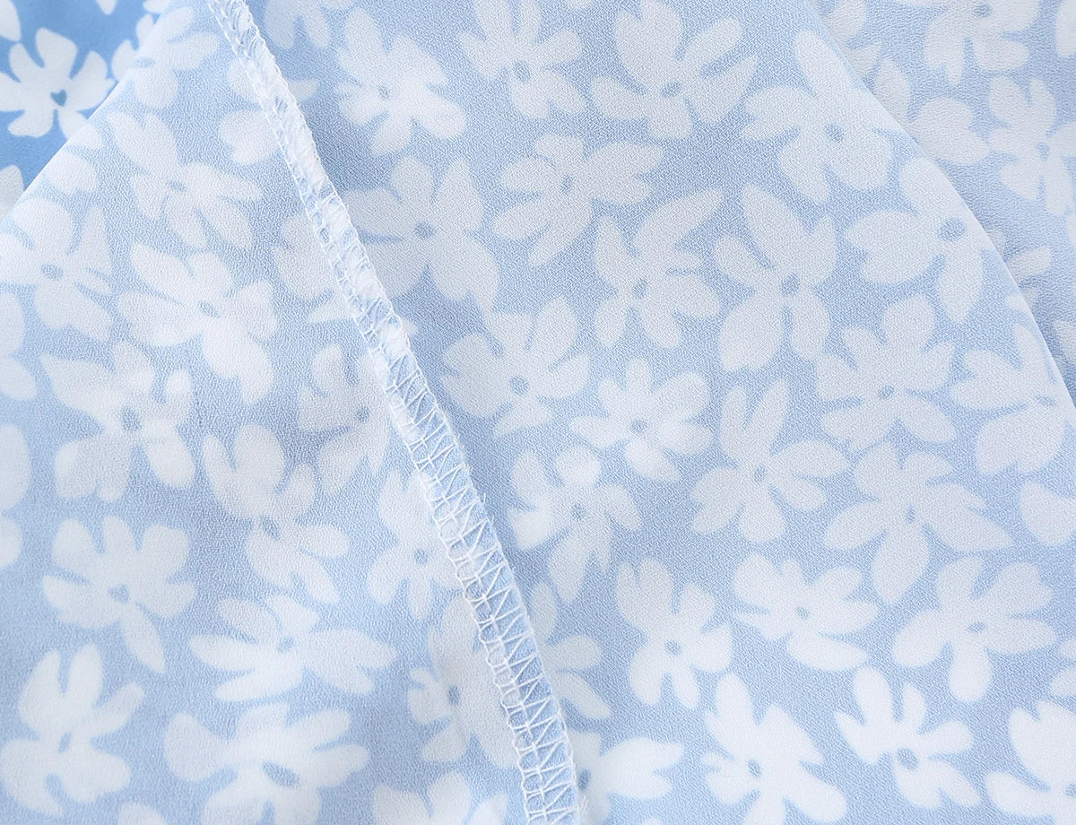 LIZAKOSHT  -  Sexy Light Blue Floral Print V Collar Sling Mini Dress Women Backless Tie Bow Sashes Back A-Line Dresses Femme Vestidos Robe