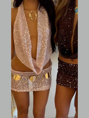 LIZAKOSHT  -  Women Sequin Skirt Set Halter Tank Top Neck Crop Tops Mini Skirts Two Piece Party Outfit Beach Vacation Wear Summer Clothes