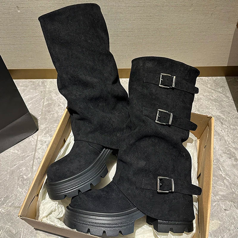 LIZAKOSHT  -  Winter Fashion Platform Thick Heel Woman Knight Boots Fashion Belt Buckle Slip On Mid Calf Booties
