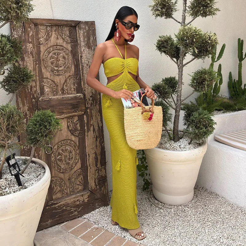 LIZAKOSHT  -  Knitted Halter Hollow Out Long Dress Women Backless Sleeveless Tassels Vacation Long Dresses Beach Solid Street Summer Robe
