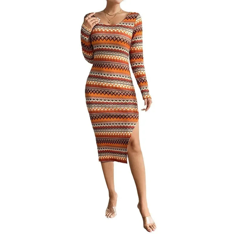 LIZAKOSHT  -  Autumn Winter Fashion Wavy Color Strip Slimming Long Sleeve Dress