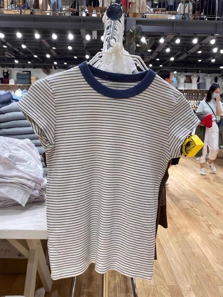 LIZAKOSHT  -  Pink Striped Slim T-shirts Woman Summer Round Neck Short Sleeve Tee Shirts Female Sweet Cute Preppy Style Cotton Tshirt Y2k Tops