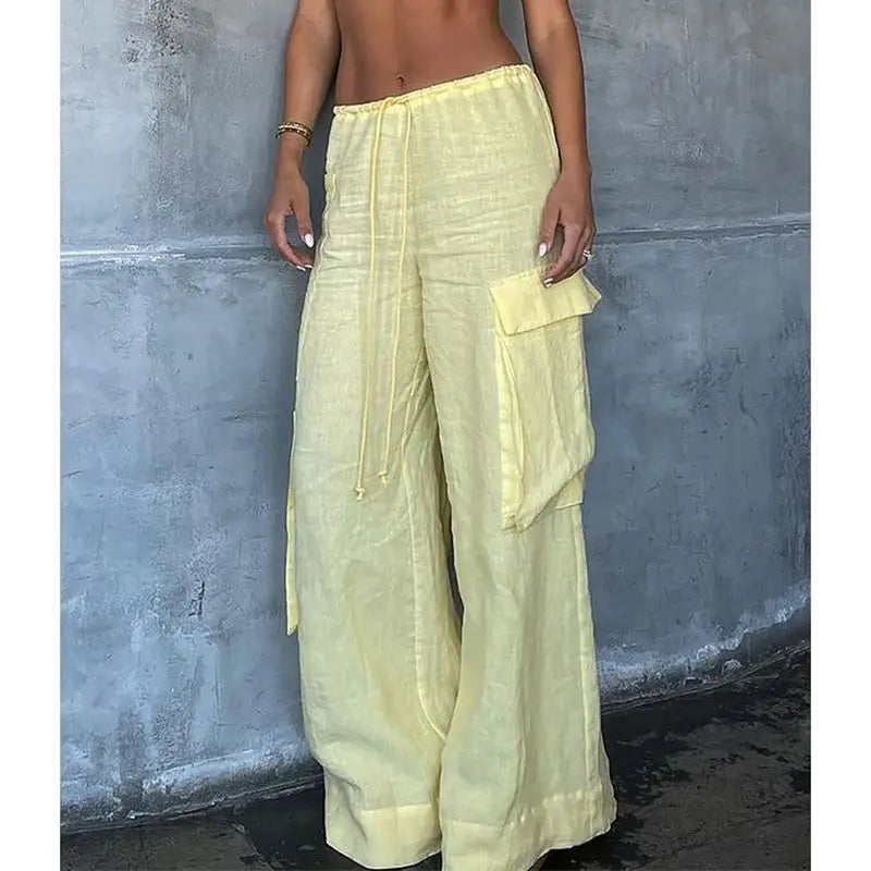 LIZAKOSHT  -  Women's Y2K Cargo Long Pants Solid Color Drawstring Elastic Low Waist Wide Leg Trousers with Multi Pockets Streetwear