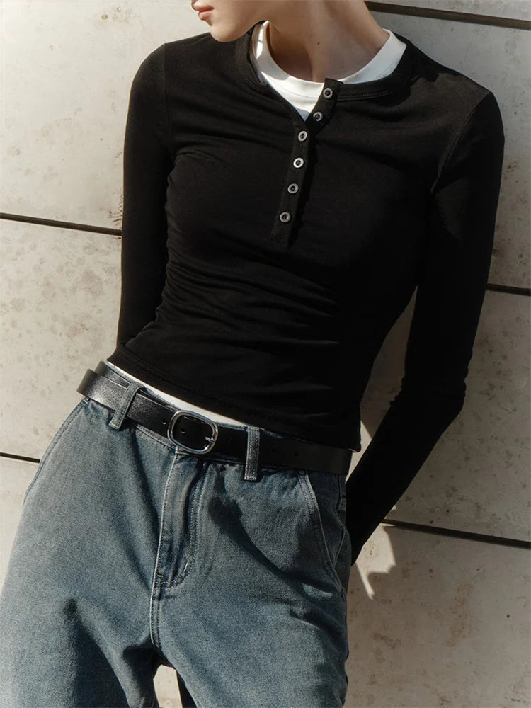 LIZAKOSHT  -  Spring Casual Patchwork T-shirt Pullover For Women Long Sleeve High Waist Inner Slim Y2k Top Clothes Female Solid Tee Top