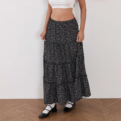 LIZAKOSHT  -  Women Fashion Boho Solid Elastic High Waist Tiered Skirt Bohemian Beach A-Line Long Skirt